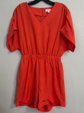THML Coral-Red V-Neck Elastic Waist Short Sleeve Romper